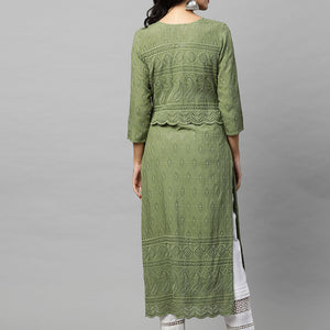 Intricate Chikankari Embroidered Straight Kurta with 2-Ply Mask - Olive Green