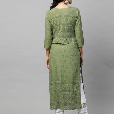 Intricate Chikankari Embroidered Straight Kurta with 2-Ply Mask - Olive Green