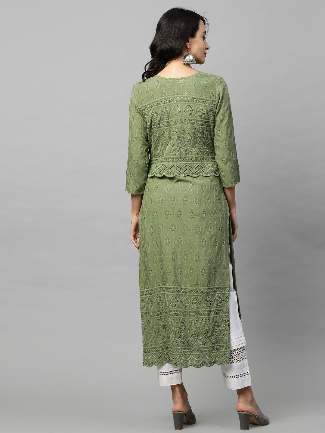 Intricate Chikankari Embroidered Straight Kurta with 2-Ply Mask - Olive Green