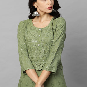 Intricate Chikankari Embroidered Straight Kurta with 2-Ply Mask - Olive Green