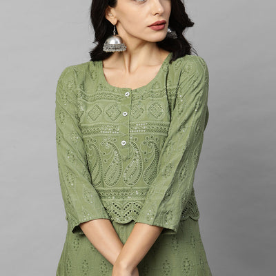 Intricate Chikankari Embroidered Straight Kurta with 2-Ply Mask - Olive Green