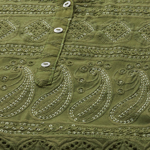 Intricate Chikankari Embroidered Straight Kurta with 2-Ply Mask - Olive Green