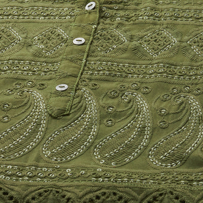 Intricate Chikankari Embroidered Straight Kurta with 2-Ply Mask - Olive Green