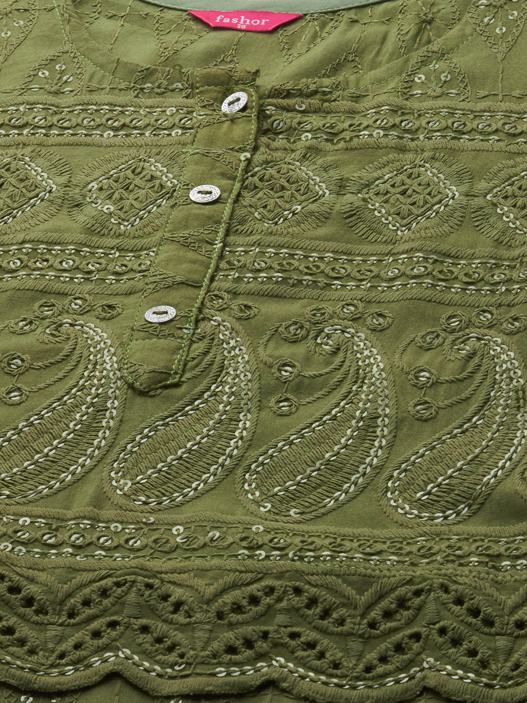 Intricate Chikankari Embroidered Straight Kurta with 2-Ply Mask - Olive Green