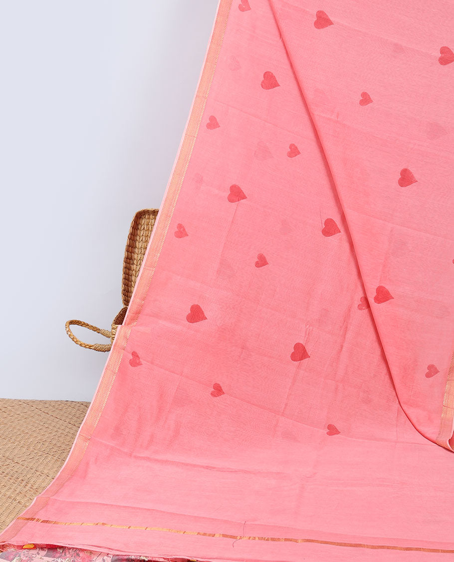 paech heart motifs chanderi cotton saree with self zari border & striped zari pallu