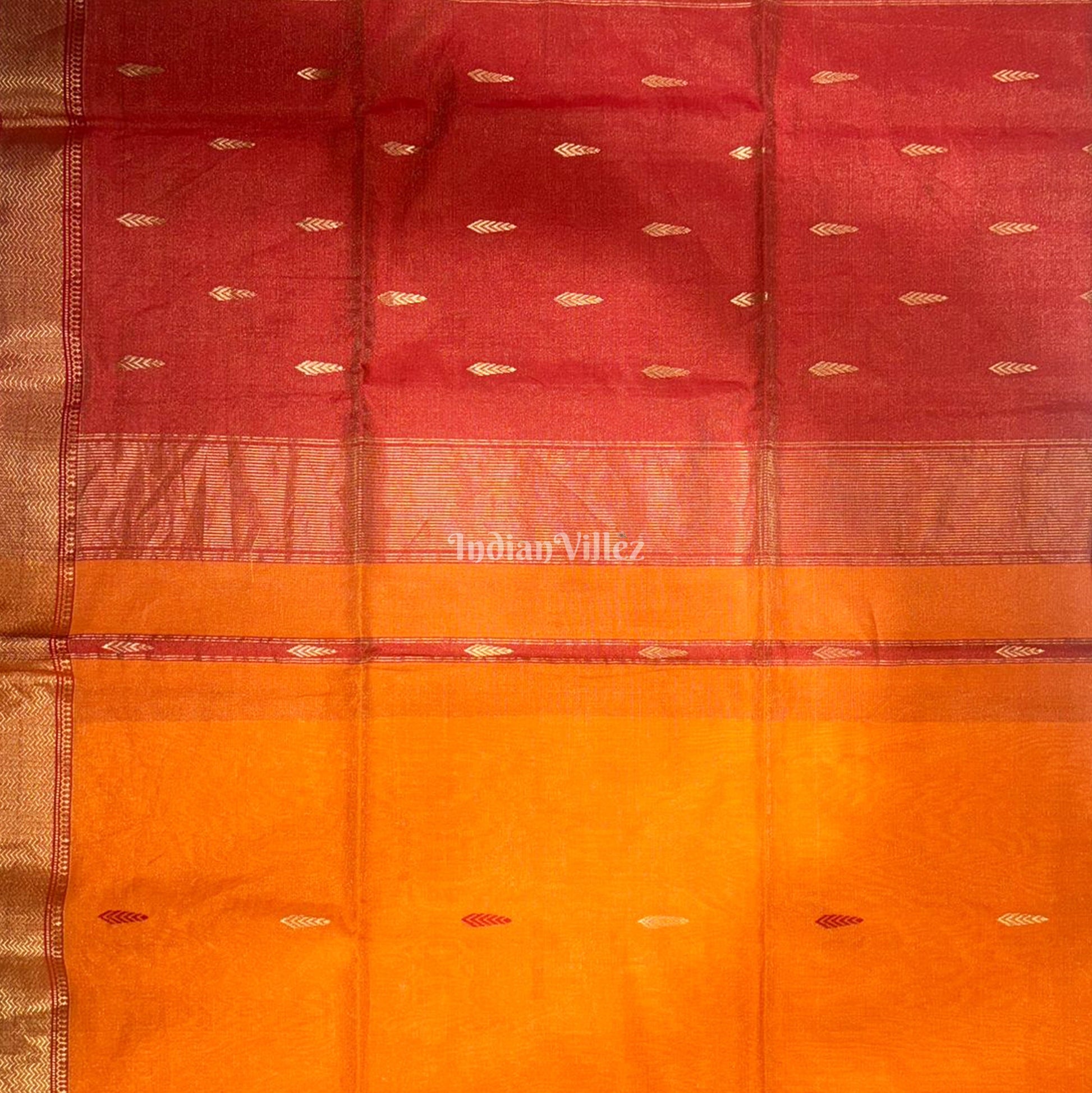 Orange Maroon Butta Design Pure Silk Cotton Maheshwari Saree with Zari Border