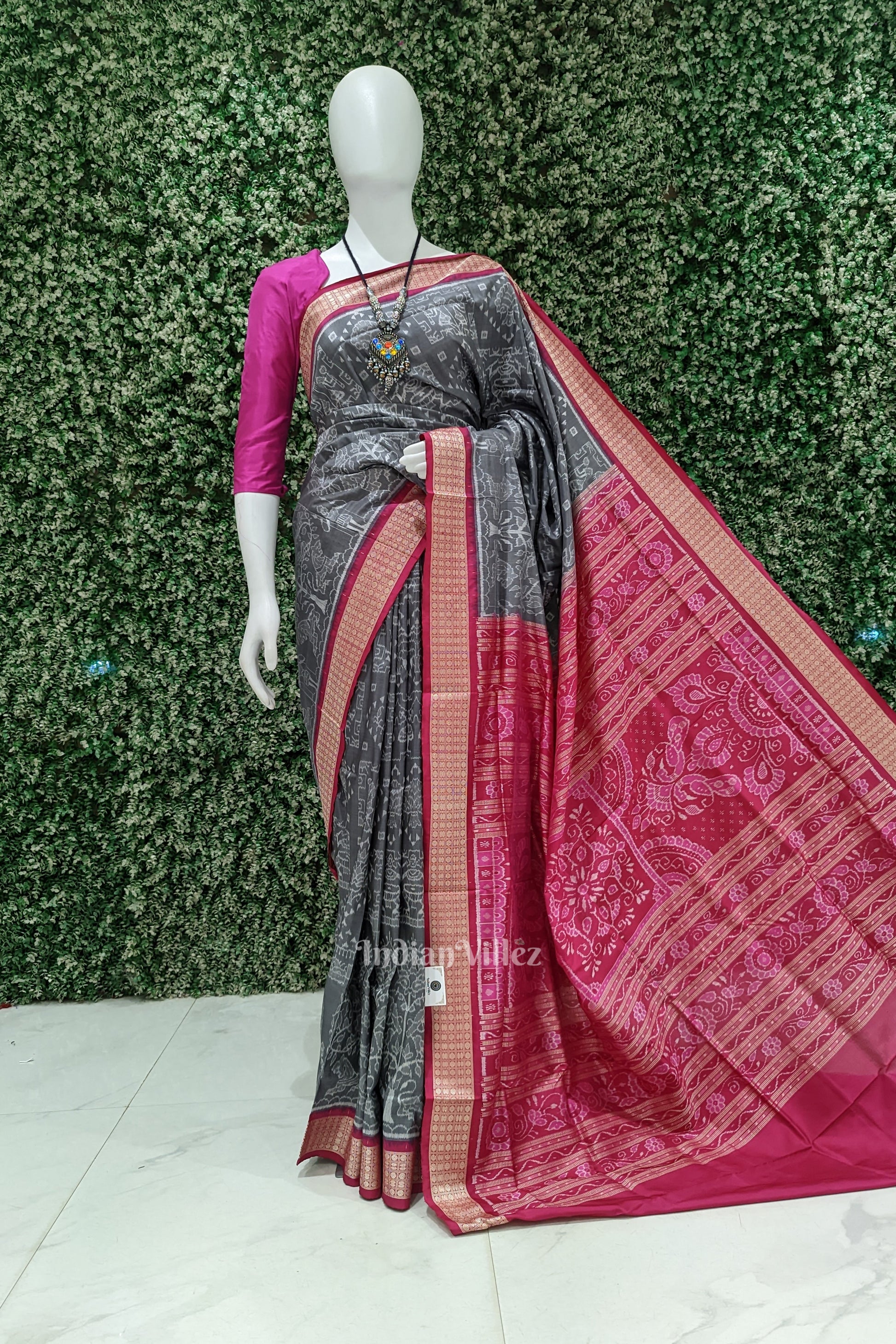 Grey Rani Pink Tribal Sambalpuri Silk Patta Saree