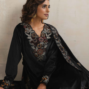 trueBrowns Black Velvet Floral Embroidered Kurta Pant Dupatta Set