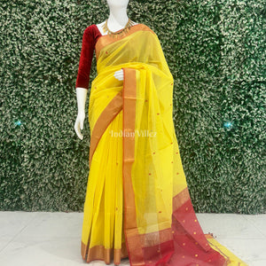 Yellow Pure Silk Cotton Maheshwari Saree with Zari Border