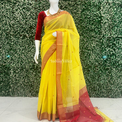 Yellow Pure Silk Cotton Maheshwari Saree with Zari Border
