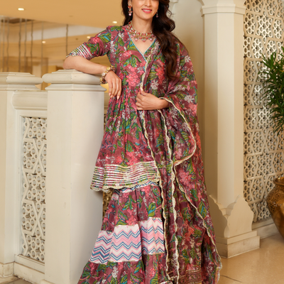 Multi Rose Handblock Sharara Set