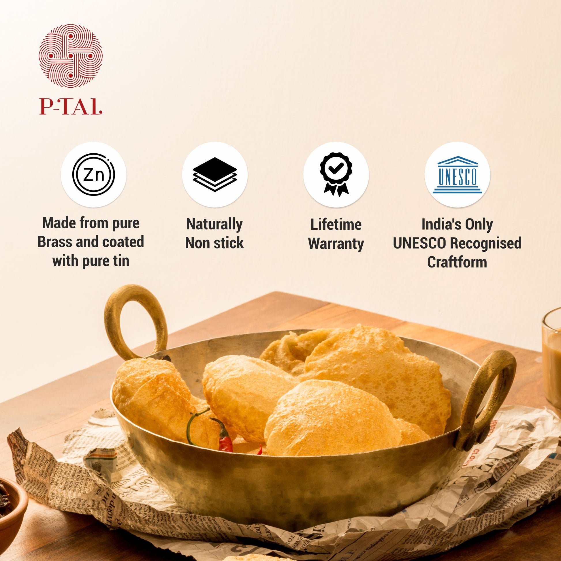 Flat Base Brass Kadhai-Naturally non stick , Non Toxic, Teflon Free