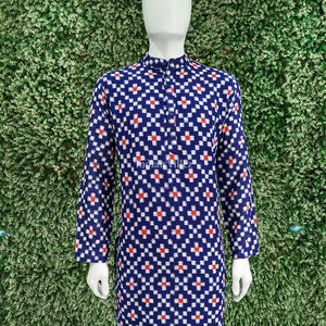 Blue Pasapali Design Sambalpuri Ikat Cotton Long Kurta For Men
