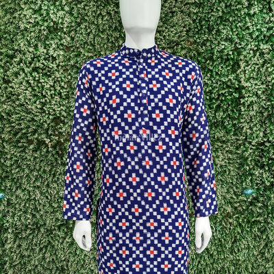 Blue Pasapali Design Sambalpuri Ikat Cotton Long Kurta For Men