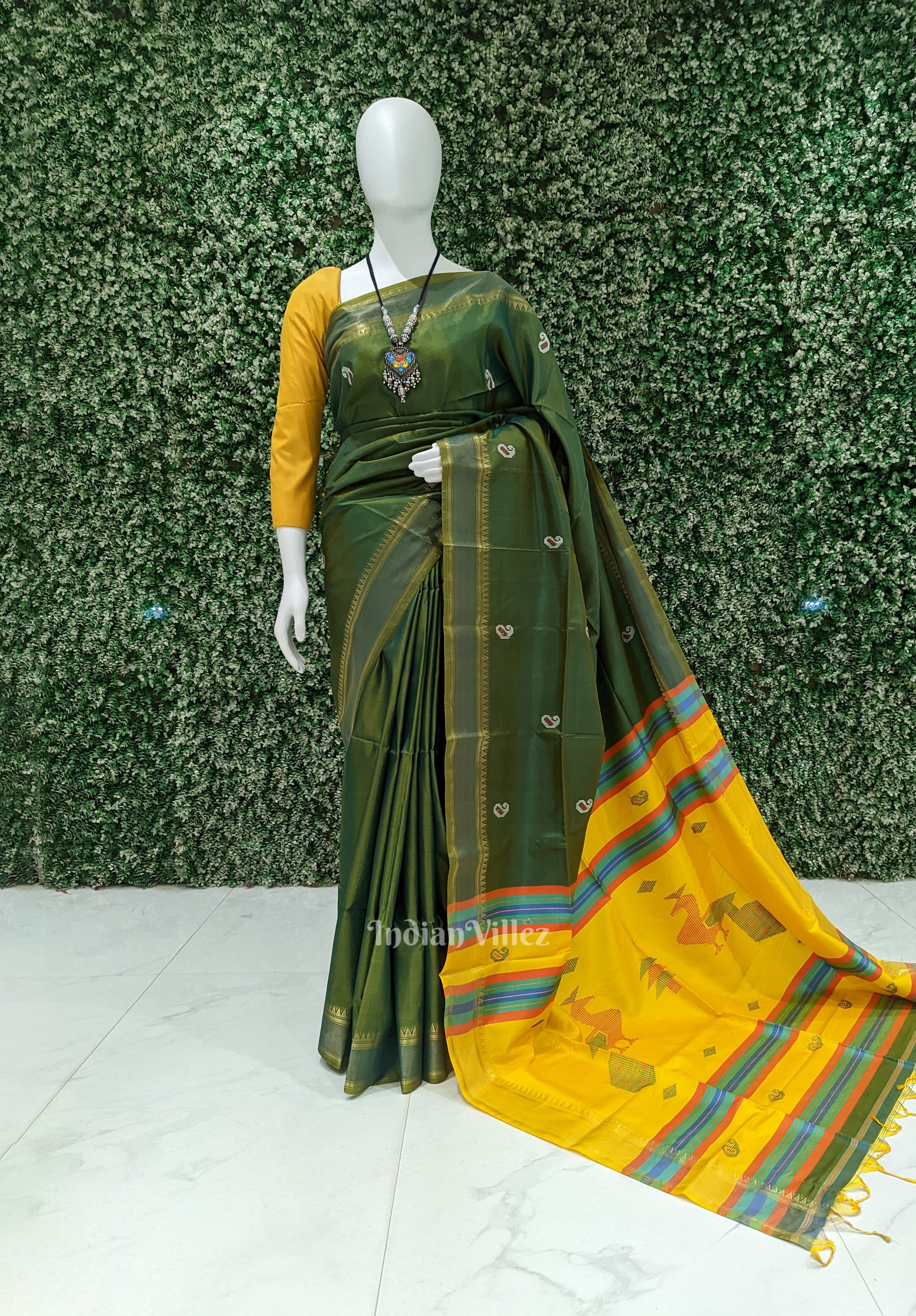 Musk Green With Yellow Pure Bishnupuri Silk Saree