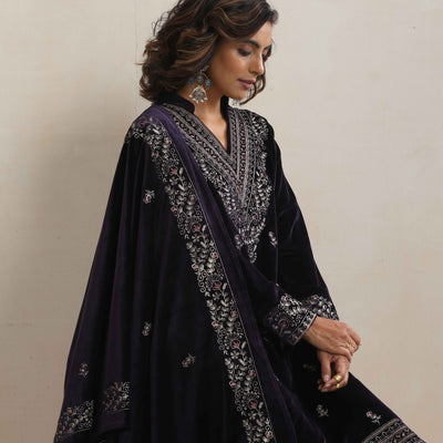 trueBrowns Purple Velvet Embroidered Kurta Pant Dupatta Set
