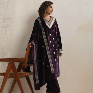 trueBrowns Wine Velvet Floral Embroidered Kurta Pant Dupatta Set
