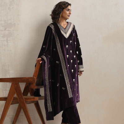 trueBrowns Wine Velvet Floral Embroidered Kurta Pant Dupatta Set