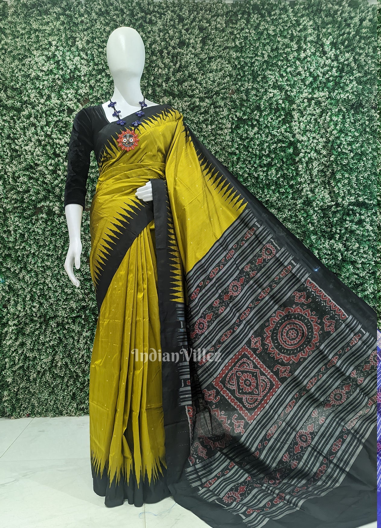 Golden Yellow Black Bomkai Sambalpuri Silk Saree