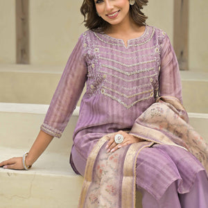 Lavender Embroidered Handwork Crush Chanderi Salwar Suit