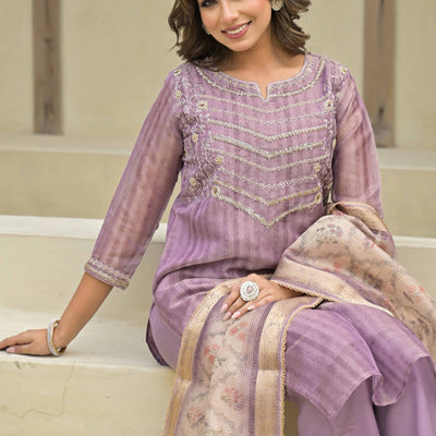 Lavender Embroidered Handwork Crush Chanderi Salwar Suit