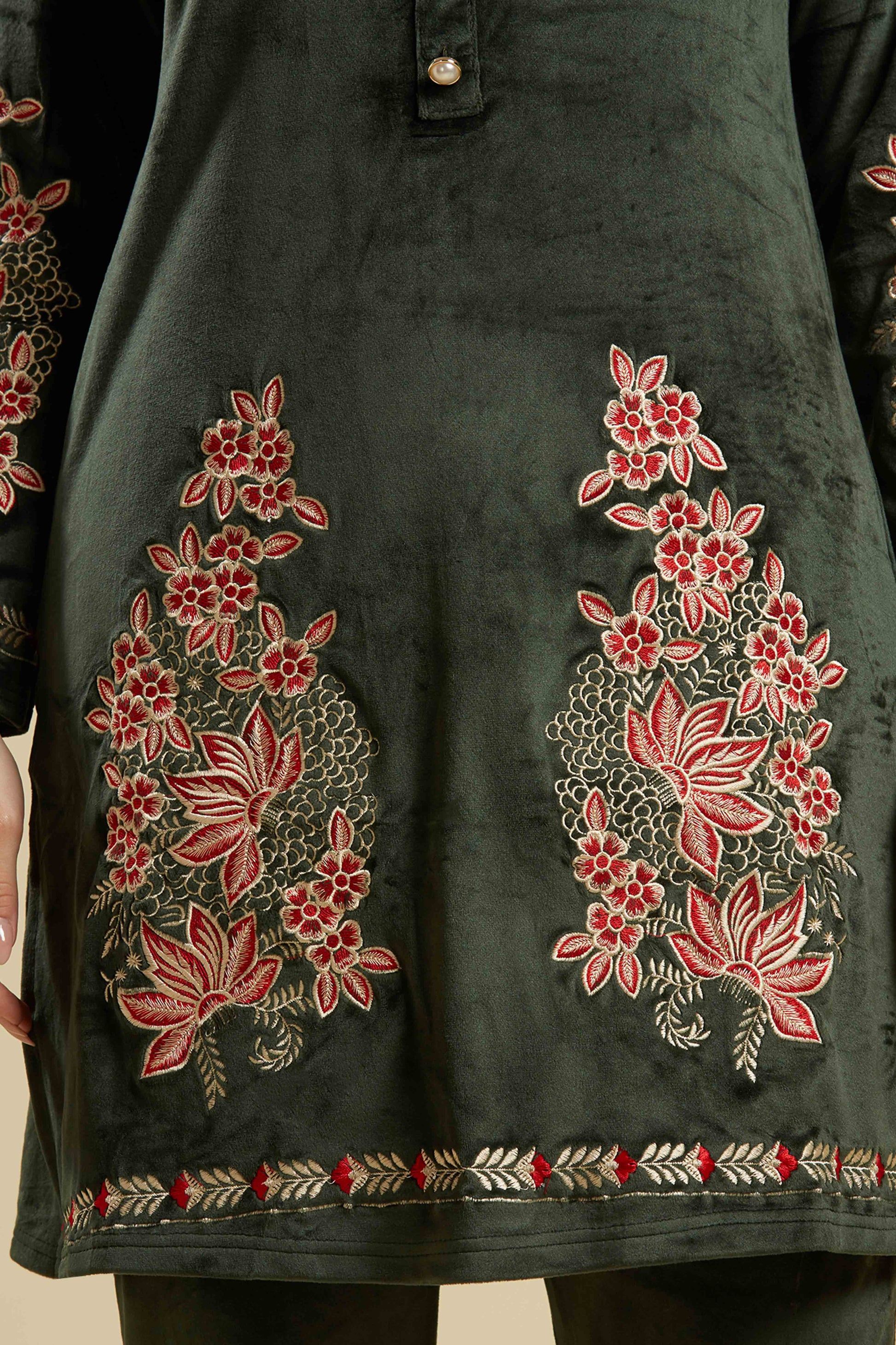 green-embroidered-velvet-straight-top-bottom-set