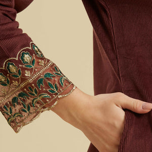Brown Embroidered Velvet A-Line Top Bottom Set