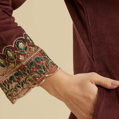 Brown Embroidered Velvet A-Line Top Bottom Set