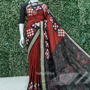 Maroon Black Pasapali Border Design Odisha Ikat Bomkai Silk Saree