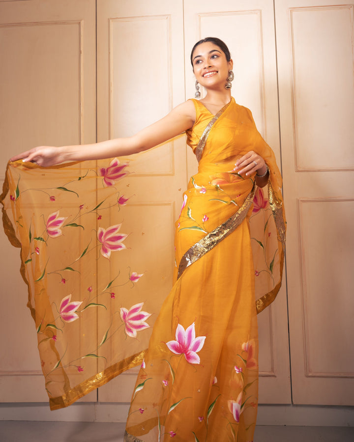 Surya Handpainted Gota Pure Organza Saree