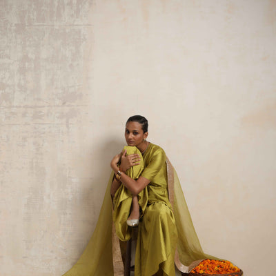 trueBrowns Green Silk Sharara Dupatta Set