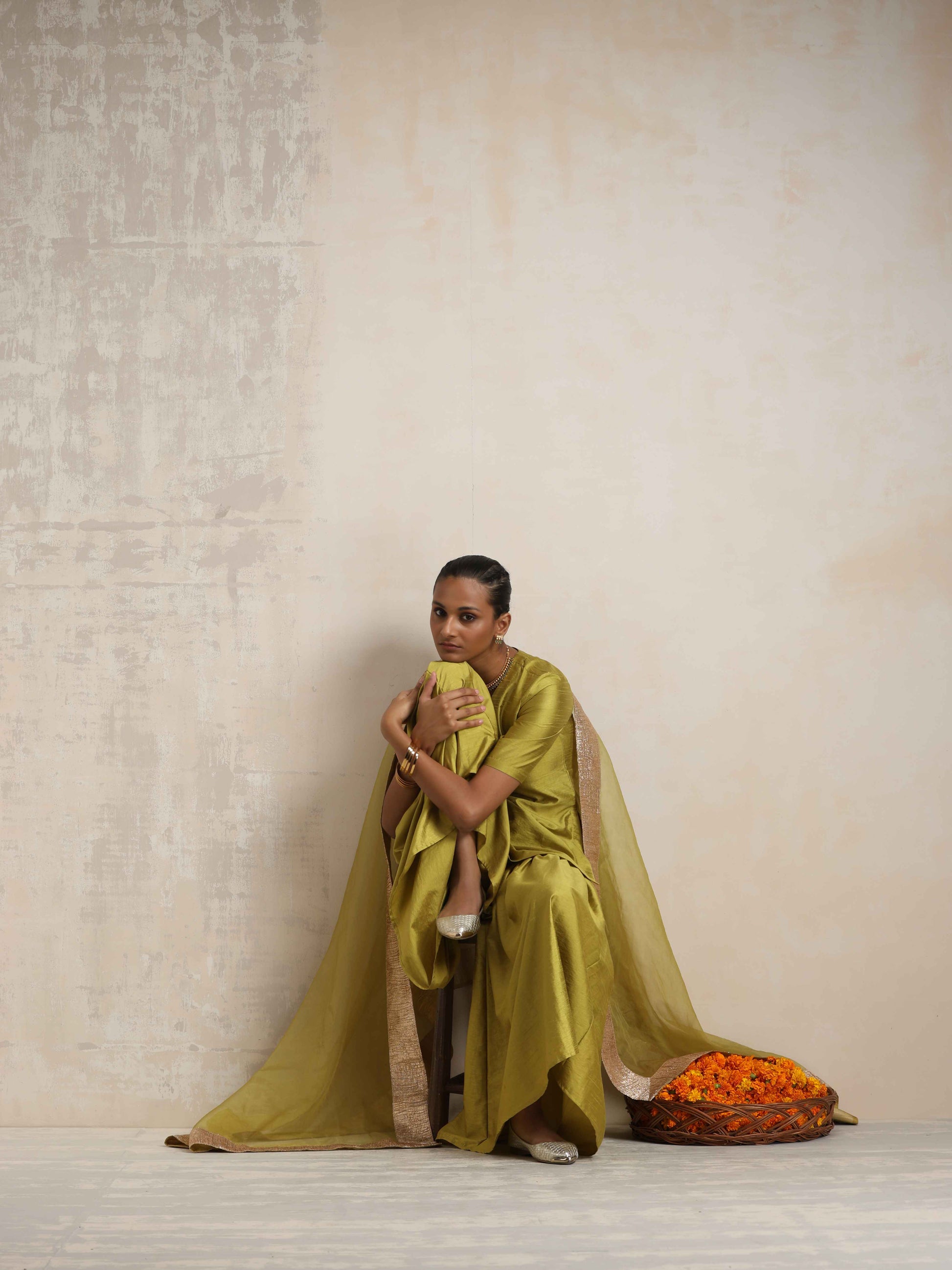trueBrowns Green Silk Sharara Dupatta Set