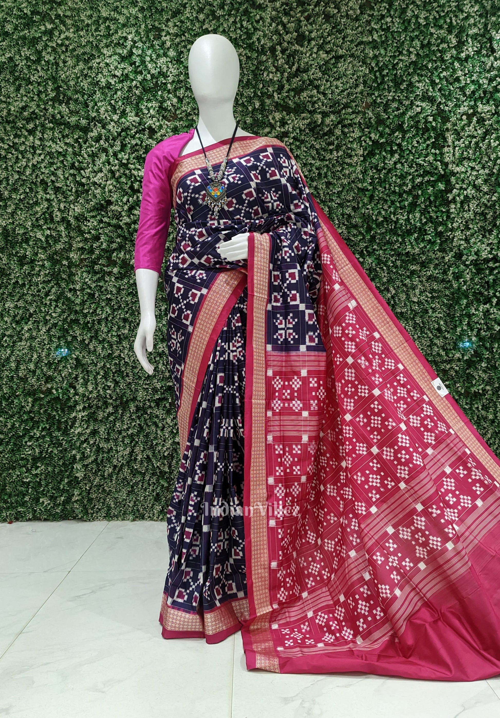 Navy Blue Box Design Sambalpuri Silk Saree