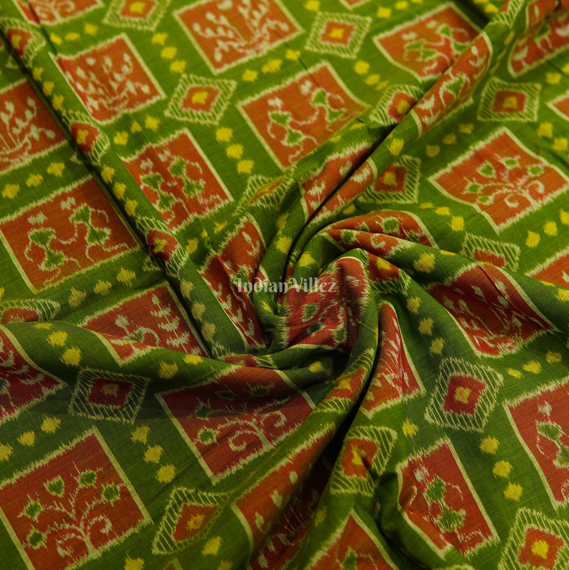 Olive Green Tribal Theme Odisha Ikat Cotton Fabric