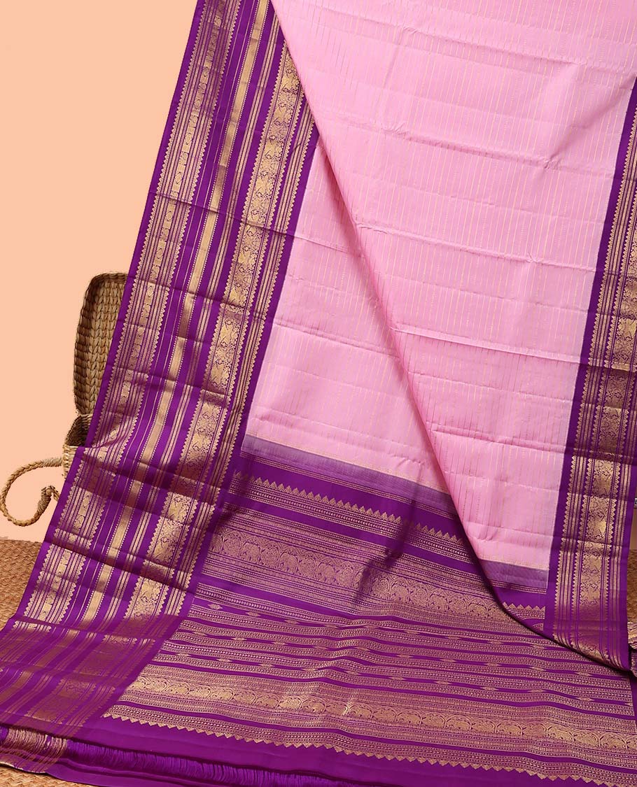 Pink striped silk saree,intricate pallu & contrast korai border of rekku, Mayil kann design
