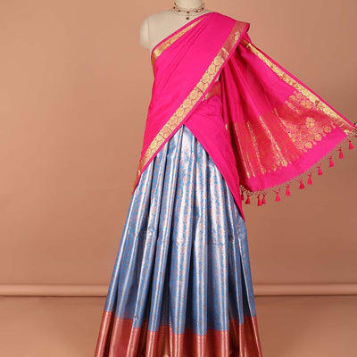 Blue  floral vine design art-silk half saree, contrast traditional zari border,zari design blouse & intricate dhavani