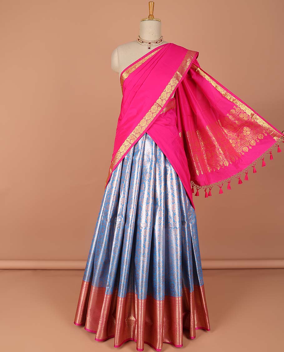 Blue  floral vine design art-silk half saree, contrast traditional zari border,zari design blouse & intricate dhavani