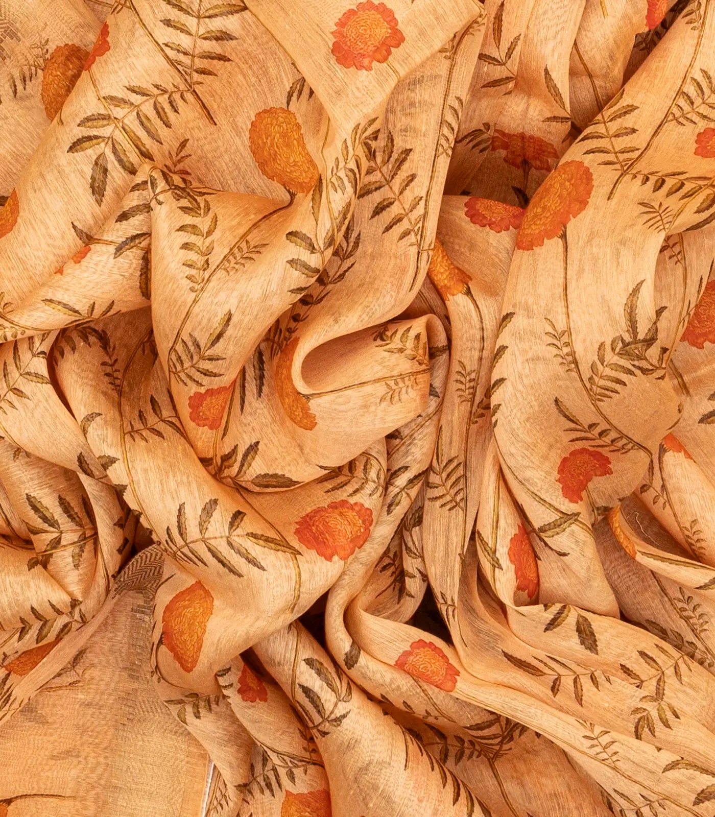 Sandal Handwoven Linen Saree Printed With Floral Motifs