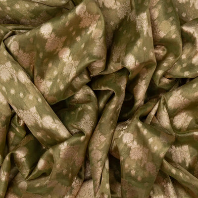 Olive Green Banarasi Tissue Silk Saree With Diagonal Floral Motifs