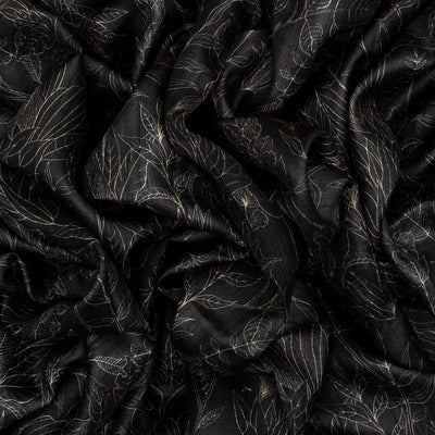 Black Handloom Tussar Silk Saree Printed With Floral Motifs & Contrast Border