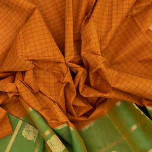 Mustard Handloom Kanchi Cotton Saree With Checks & Green Border