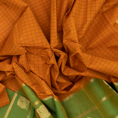 Mustard Handloom Kanchi Cotton Saree With Checks & Green Border