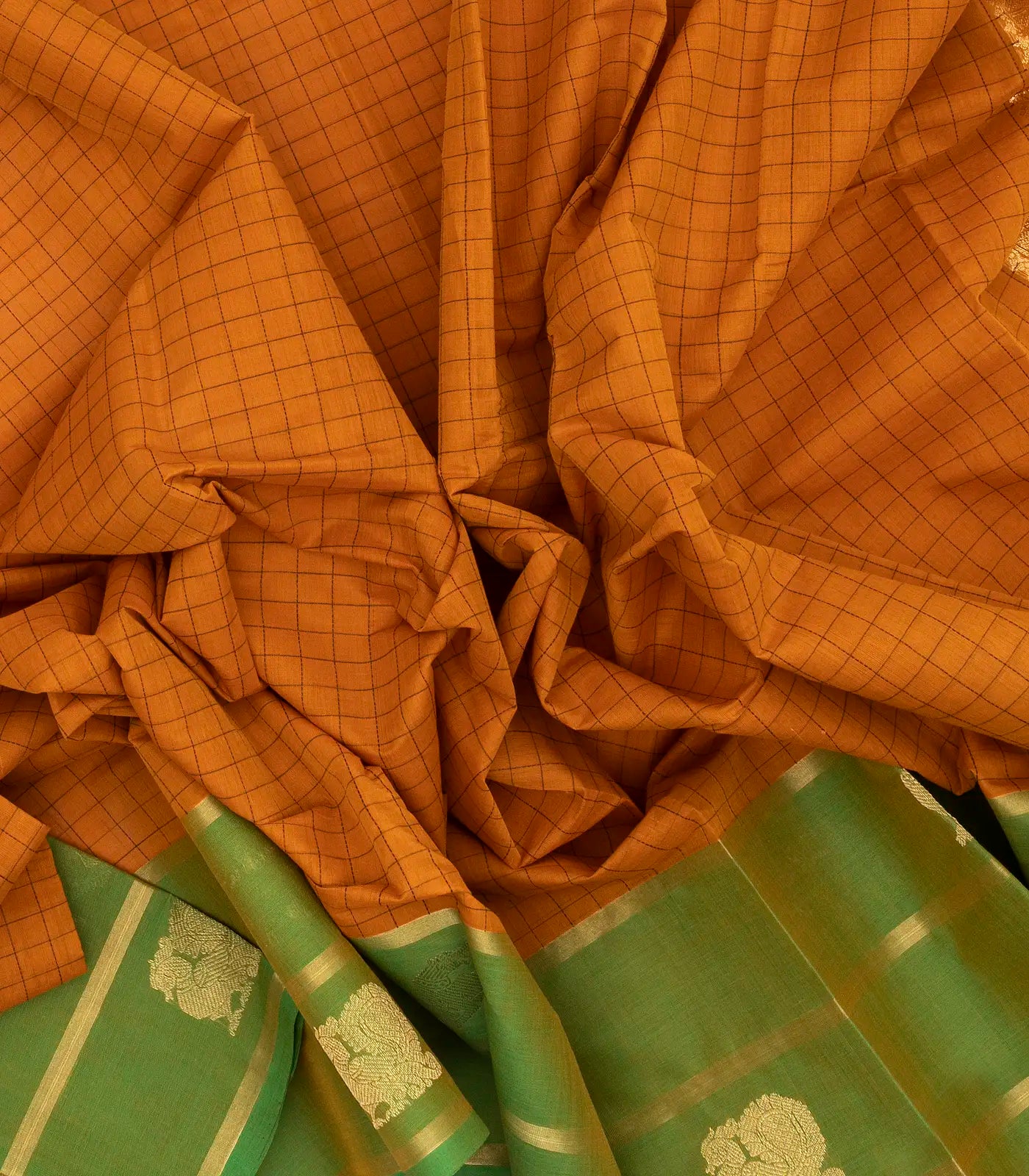 Mustard Handloom Kanchi Cotton Saree With Checks & Green Border
