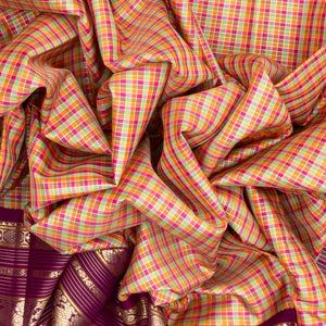 Multi Colour Handloom Kanchipuram Korvai Silk Saree With Checks