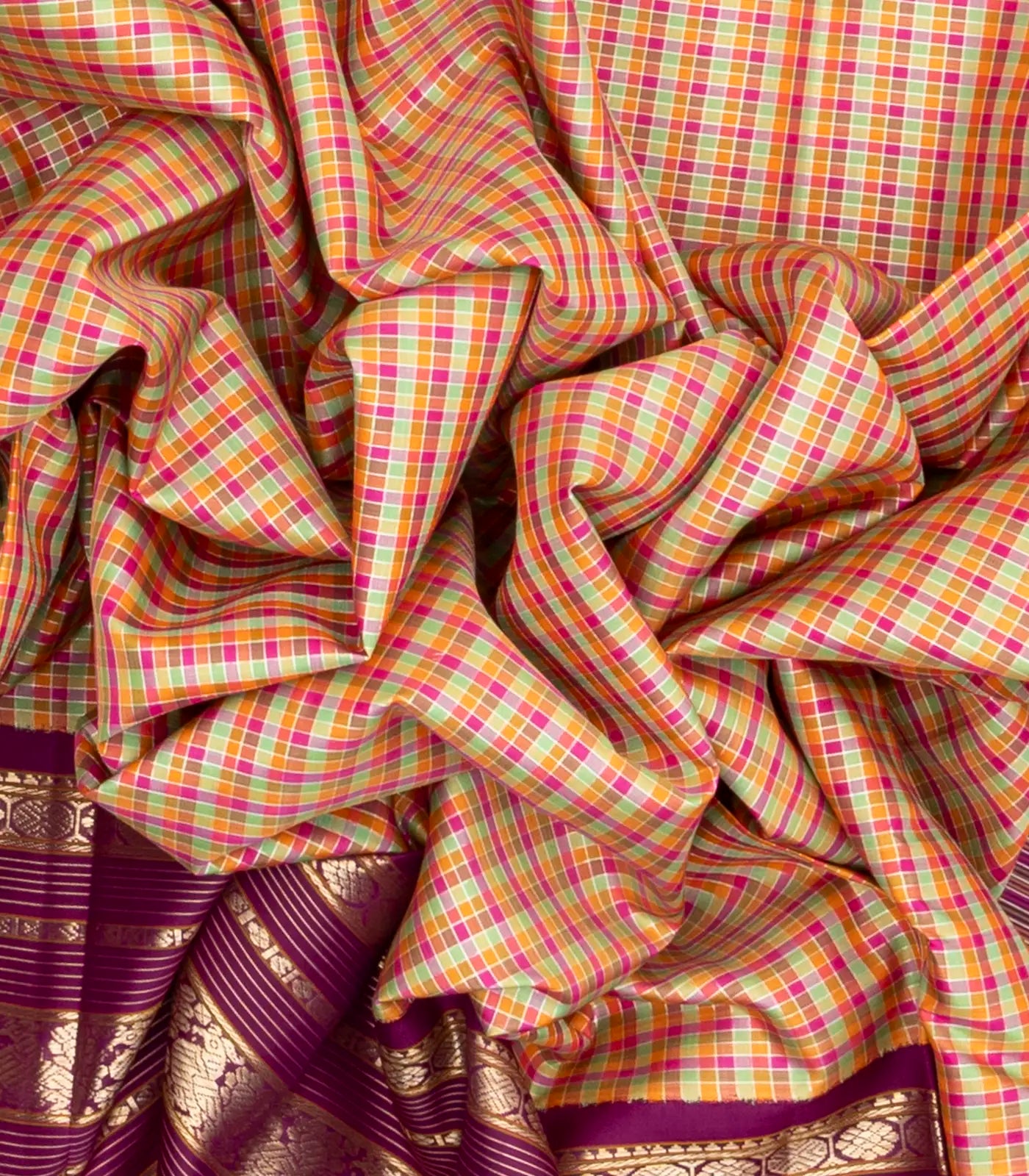 Multi Colour Handloom Kanchipuram Korvai Silk Saree With Checks