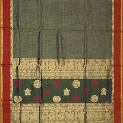 Bottle Green Handloom Silk Cotton Saree With Checks