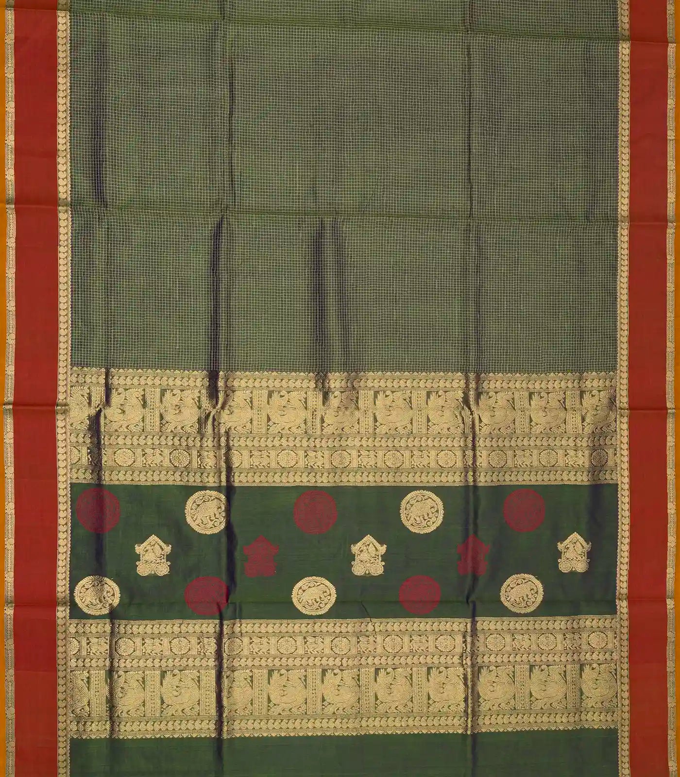 Bottle Green Handloom Silk Cotton Saree With Checks