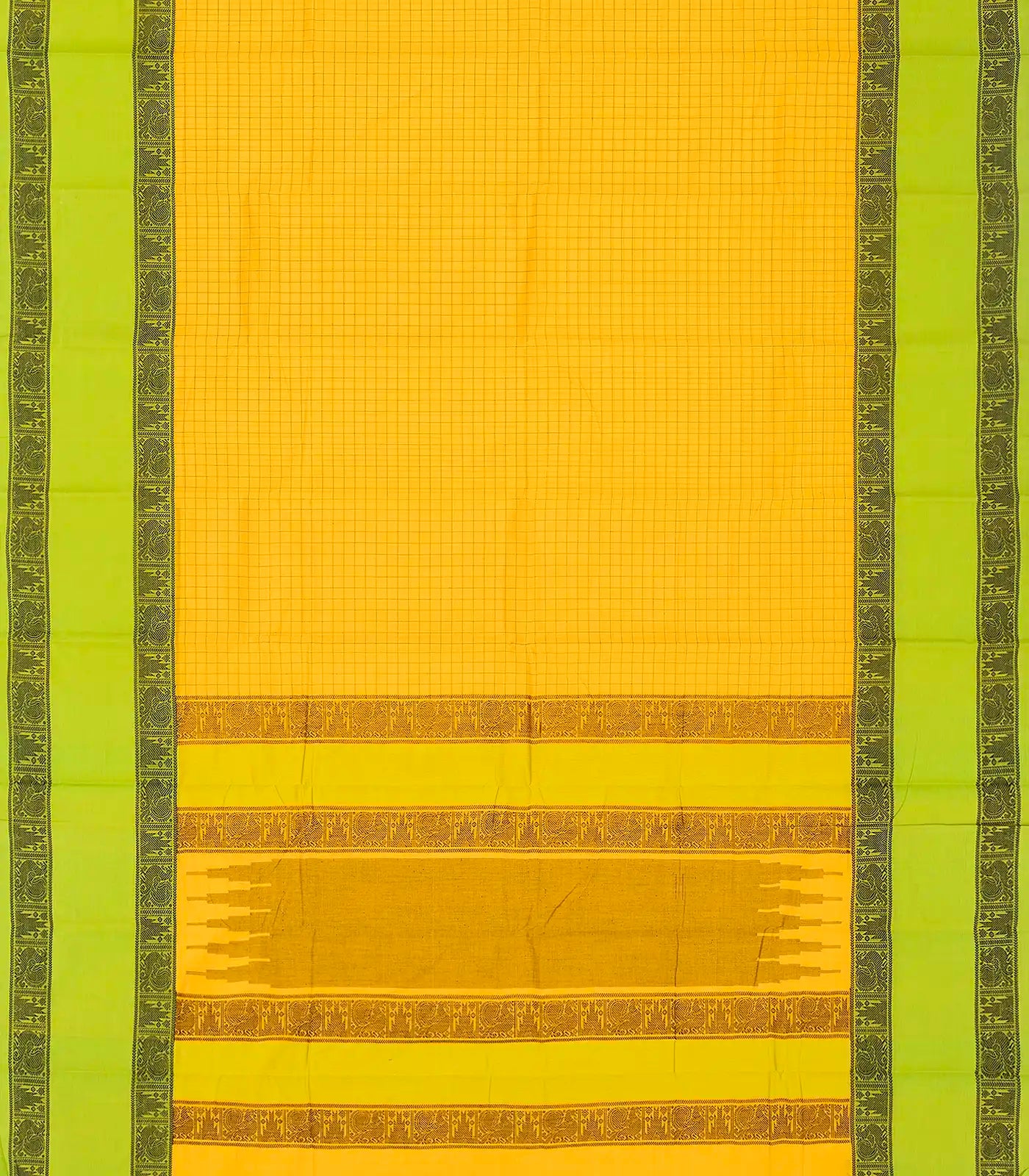 Yellow Handloom Kanchi Cotton Saree With Green Border