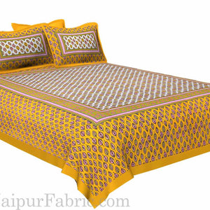 Yellow Border Leaf Pattern Screen Print Cotton Double Bed Sheet