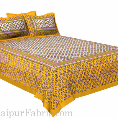 Yellow Border Leaf Pattern Screen Print Cotton Double Bed Sheet